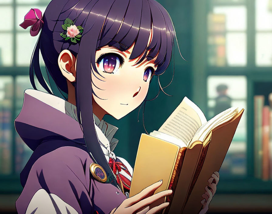 Anime girl with purple eyes and dark hair in school uniform reading book