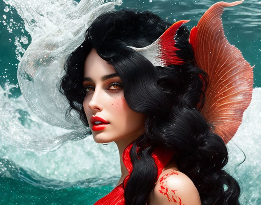 Fantastical image of black-haired woman with red fins emerging from water