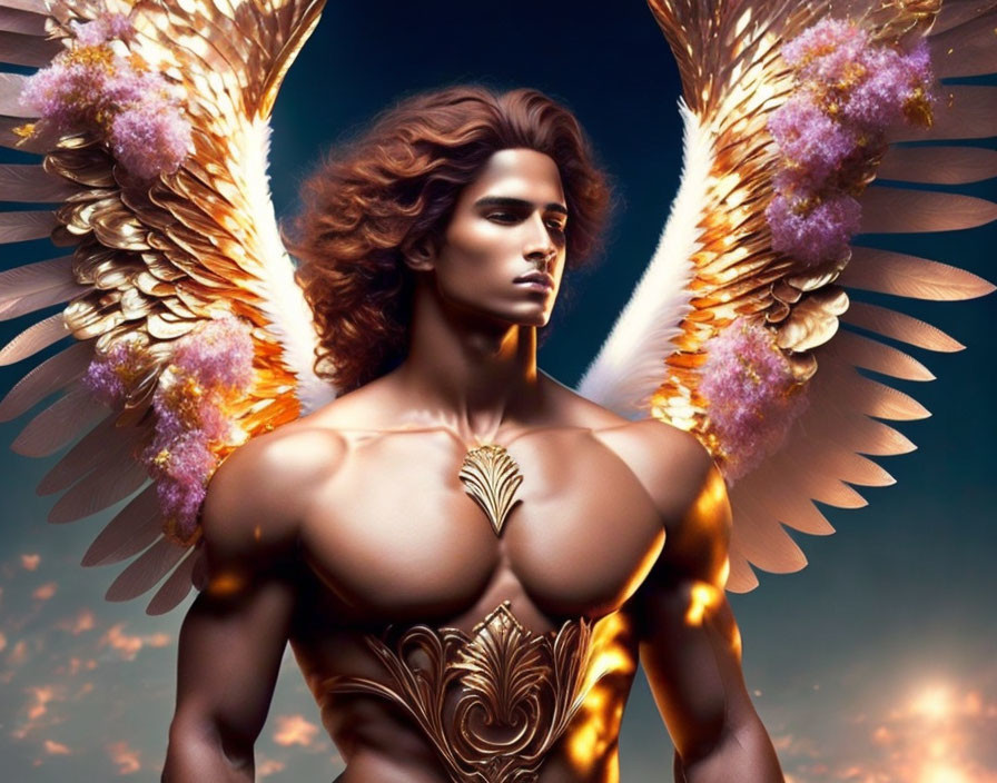 Male figure with ornate wings and golden armor in digital art