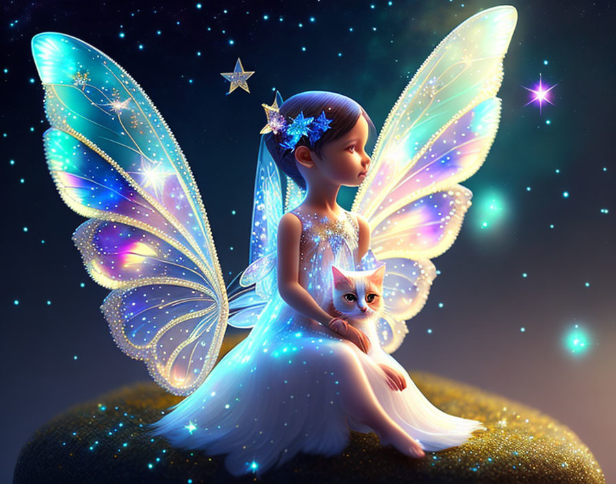 Digital illustration of fairy with luminous wings holding white kitten under starry night sky