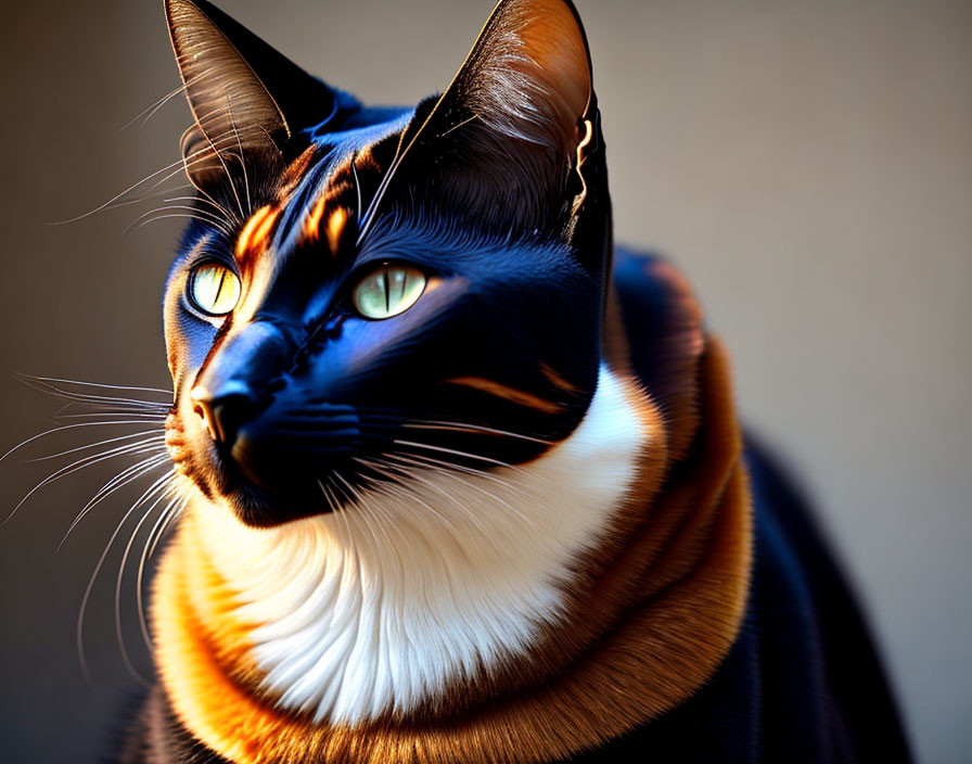 Black and Tan Cat with Striking Green Eyes and Whiskers in Soft Lighting