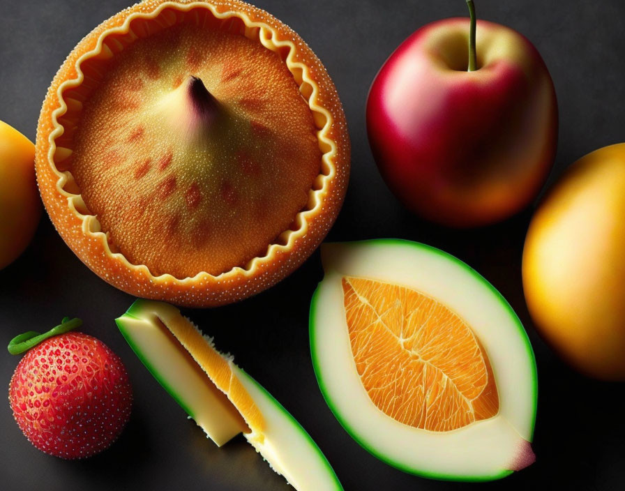 Assorted fruits on dark background: apple, strawberry, melon, orange slices