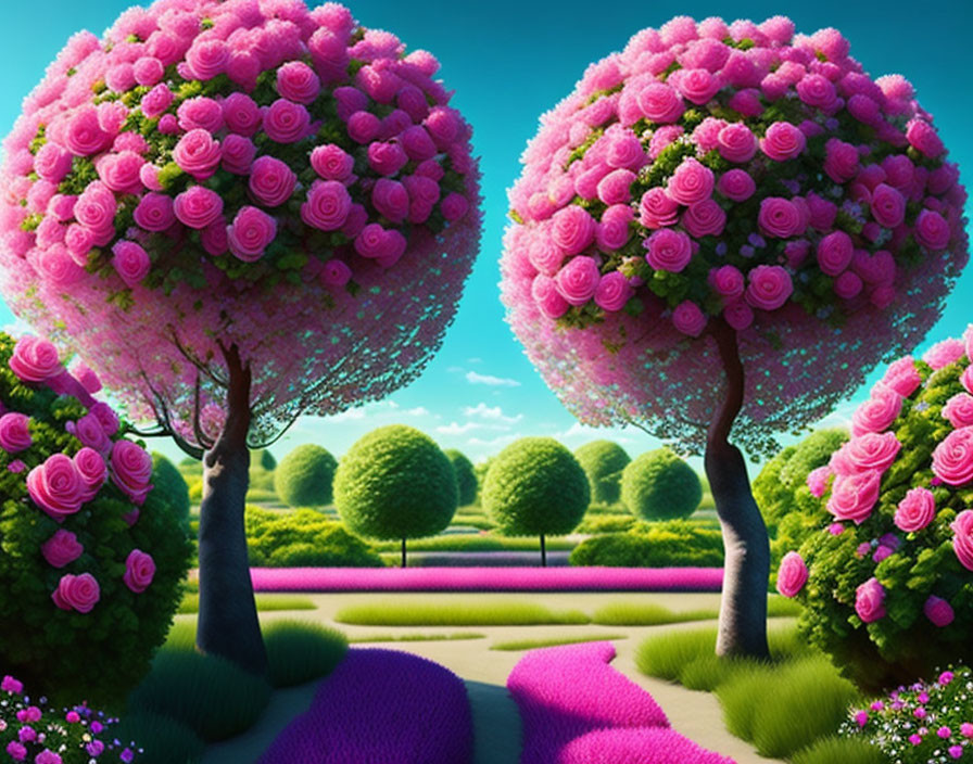 Symmetrical topiary trees in whimsical garden with pink roses and lush greenery
