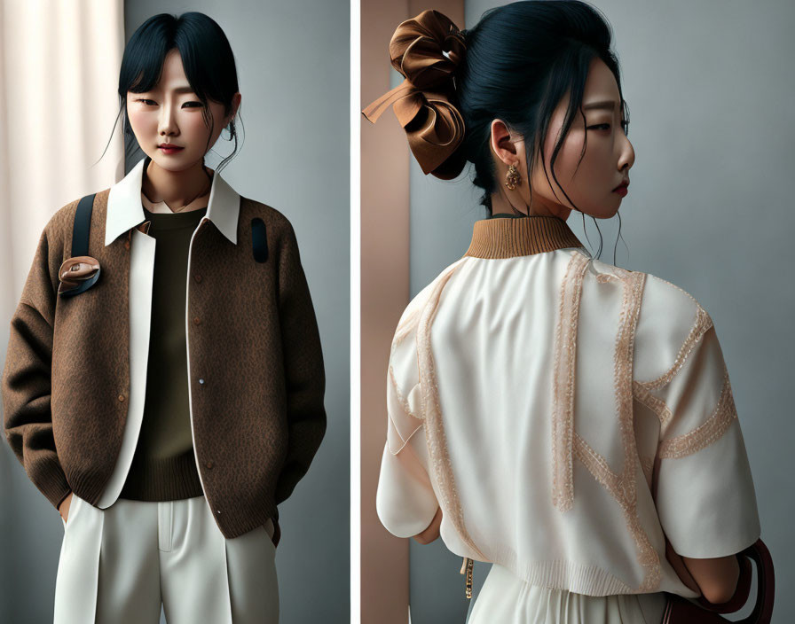Woman with sleek hair bun in two-tone jacket and cream pants poses in well-lit room