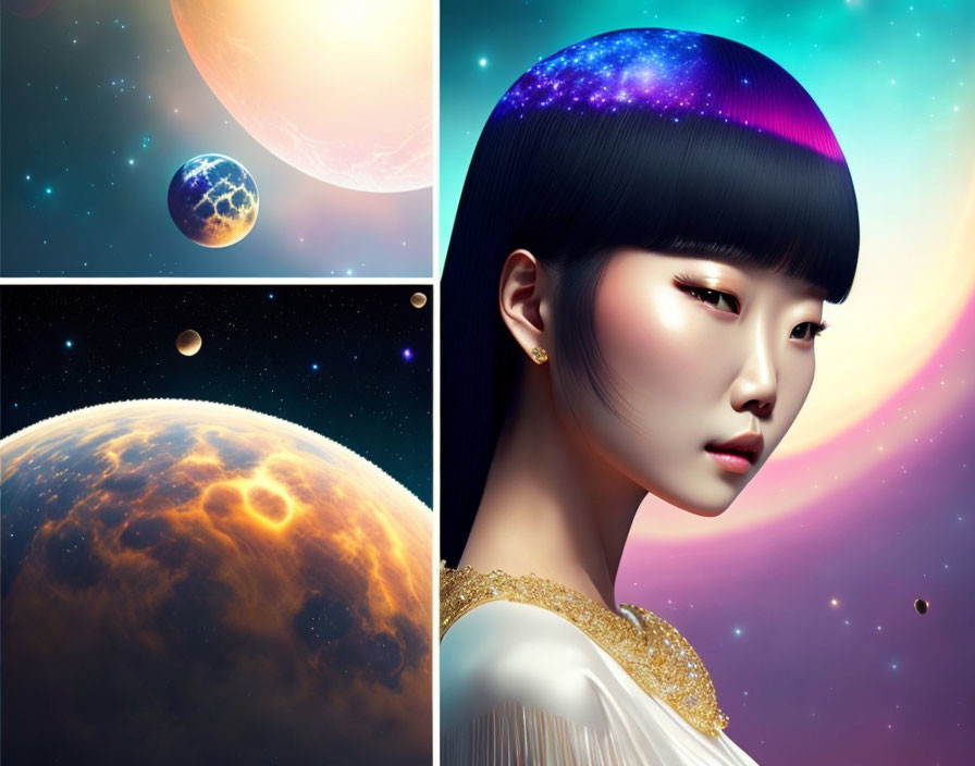 Surreal composite image of woman with galaxy-themed haircut and celestial bodies in cosmic backdrop