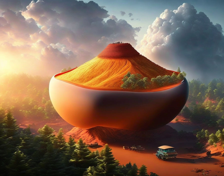 Floating island with inverted volcano shape, lush greenery, caravan, and cloudy sunset sky.