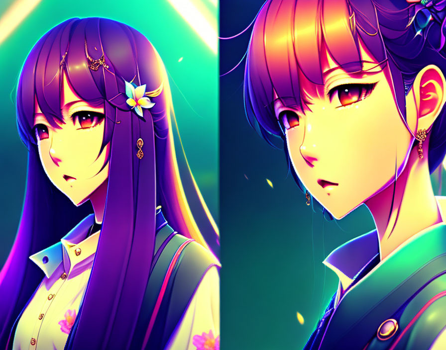 Anime-style illustration featuring two girls with vibrant purple hair and striking eyes, one adorned with a blue flower