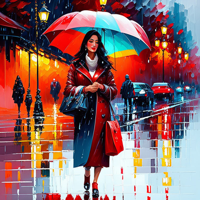 Woman in Red Coat with Multicolored Umbrella Walking on Rainy, Reflective Street