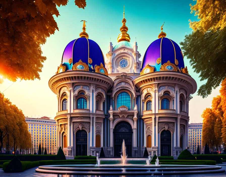 Blue domed building with golden accents and intricate architecture in warm sunlight.
