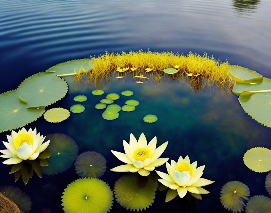 Serene Pond Scene with White Lotus Flowers and Lily Pads