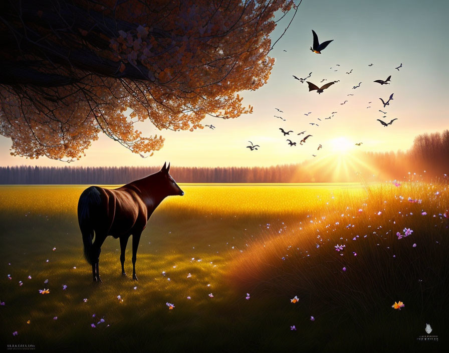 Serene meadow scene with horse, birds, and autumn tree at sunset