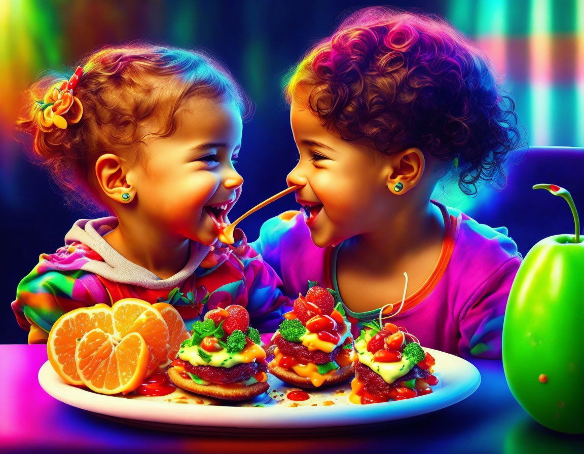 Two young girls sharing spaghetti, smiling, with colorful background.