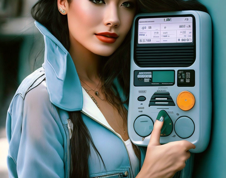 Detailed Illustration: Person in Blue Jacket with Retro Cassette Player