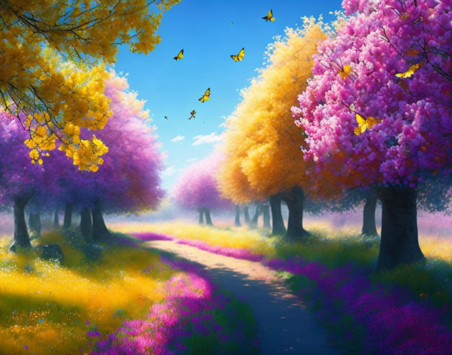 Colorful Landscape with Blossoming Trees and Butterflies