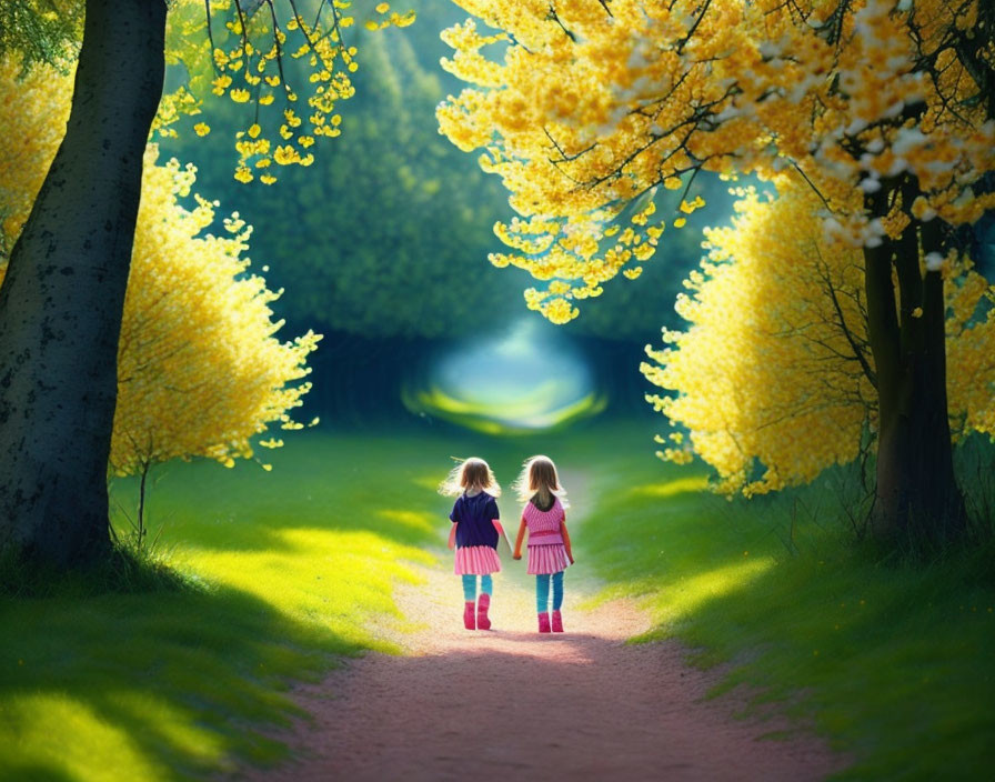 Young children holding hands on sunlit path with yellow blossoming trees