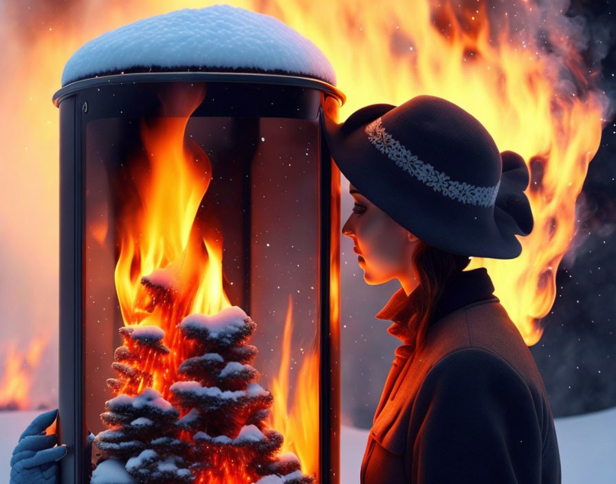 Woman in hat next to flaming cylinder in snowy scene with Christmas tree.