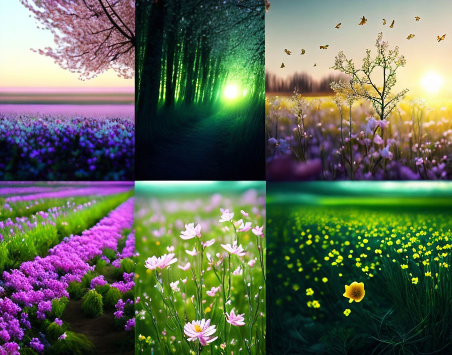 Six-image Collage of Diverse Natural Landscapes with Flowers, Forest Path, and Birds in