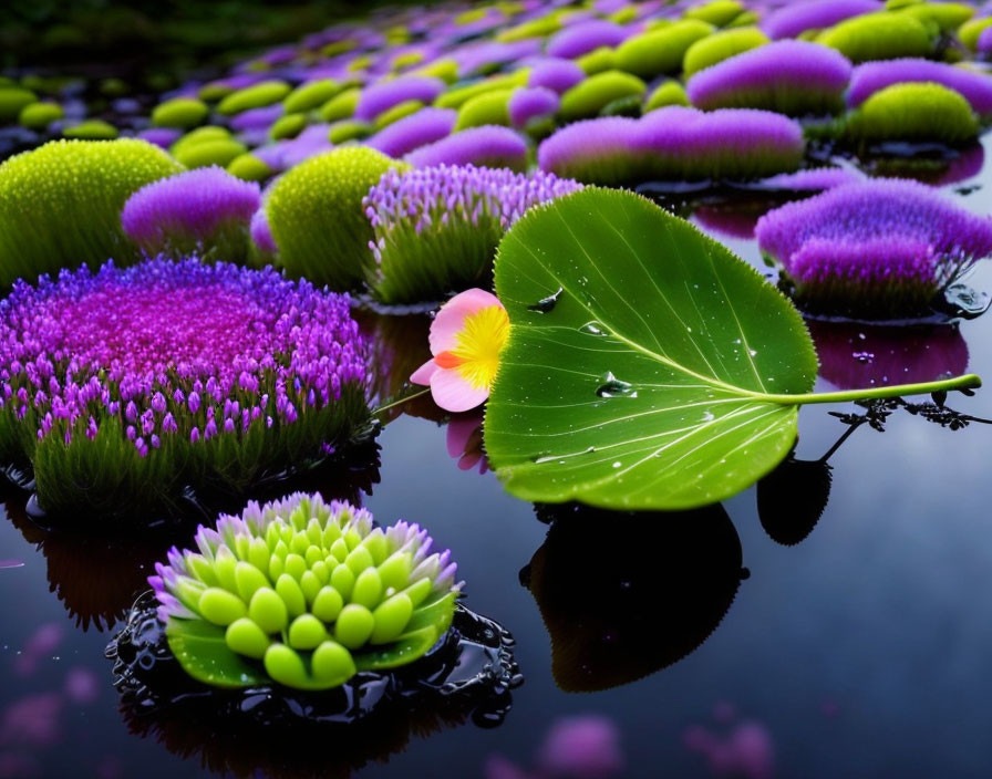 Tranquil pond scene with violet and green plants and yellow flower
