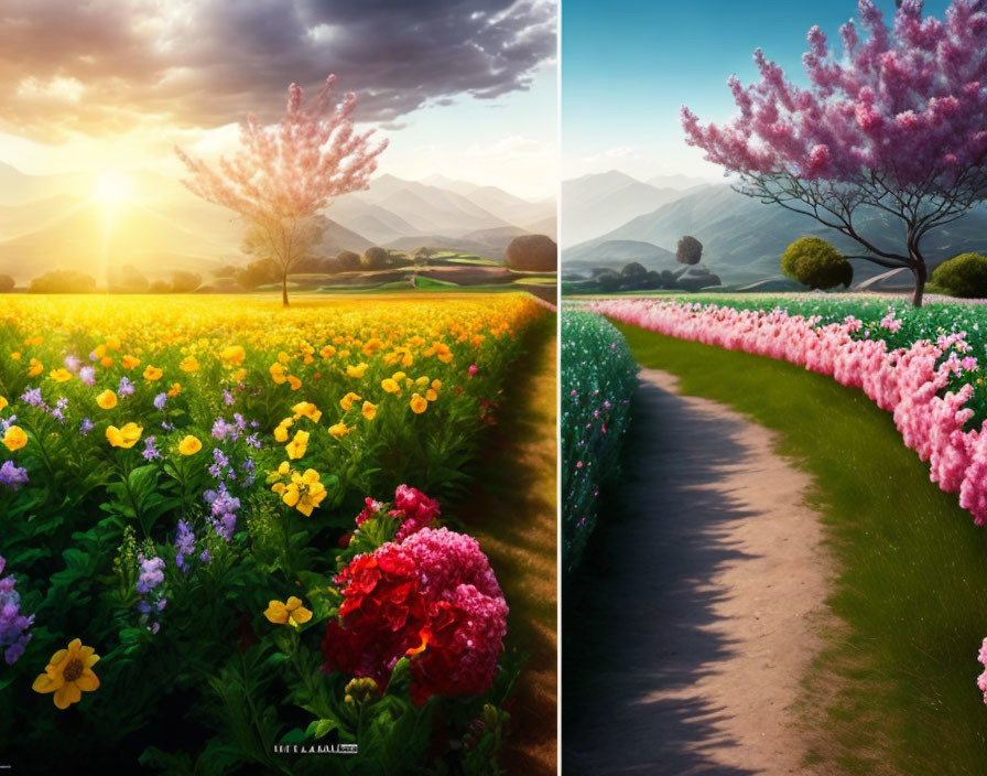 Dual Scene: Flower Field & Sunrise Mountains vs. Path with Pink Trees & Hills