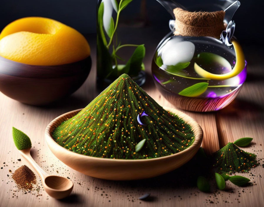 Colorful cone object with glowing dots in wooden bowl with citrus fruit and glass bottle