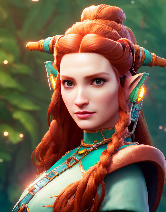 Digital Artwork: Woman with Braided Red Hair and Green Armor