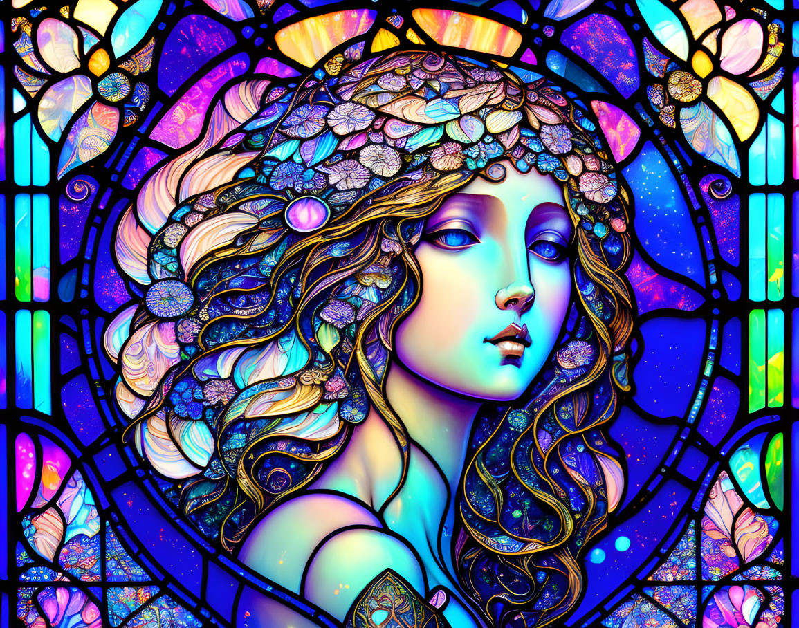 Colorful Stylized Portrait of Woman with Curly Hair & Decorative Elements