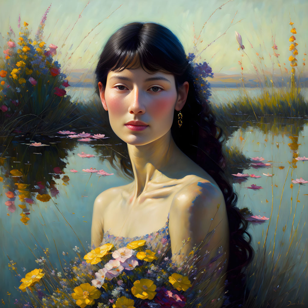 Portrait of Woman with Black Hair Standing by Tranquil Water Body and Blooming Flowers