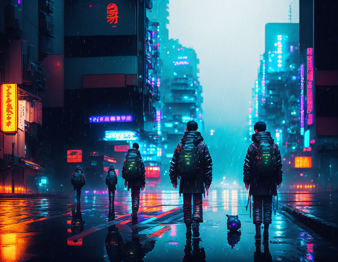 Group of five pedestrians with backpacks in rainy urban night scene
