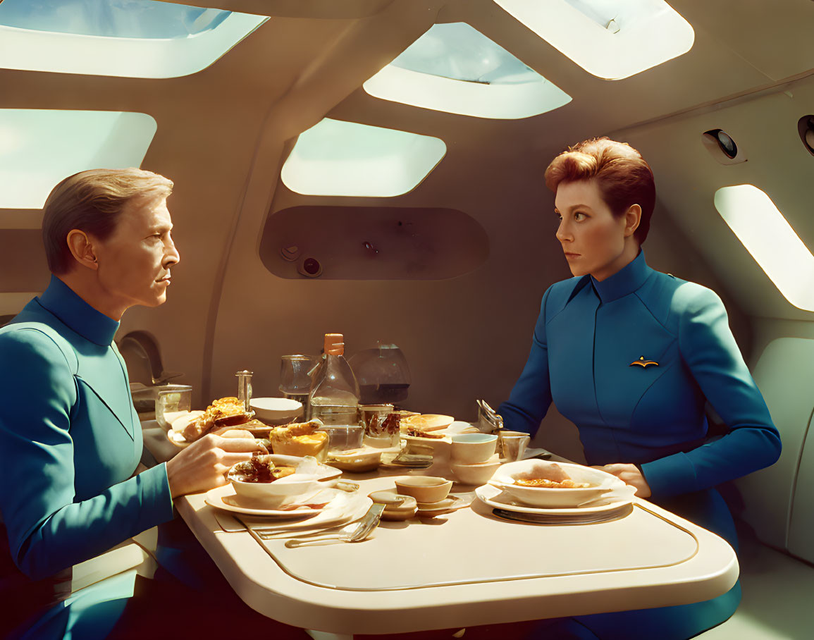 Blue-uniformed individuals dining in a futuristic spacecraft with oval windows.