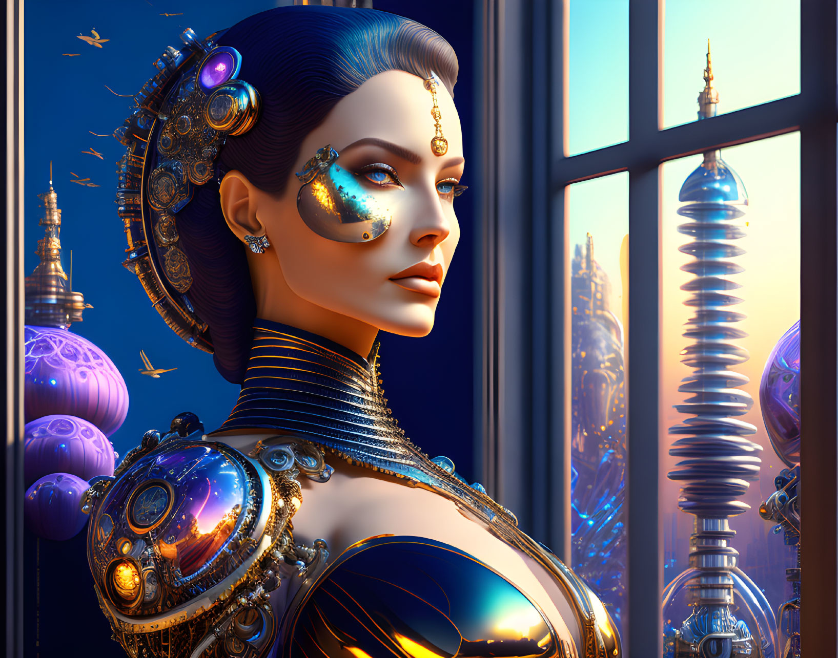Futuristic female android with gold and blue designs overlooking cityscape