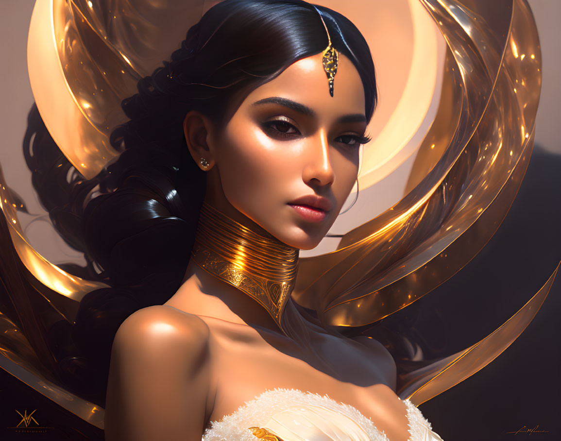Dark-haired woman in gold jewelry gazes against glowing background