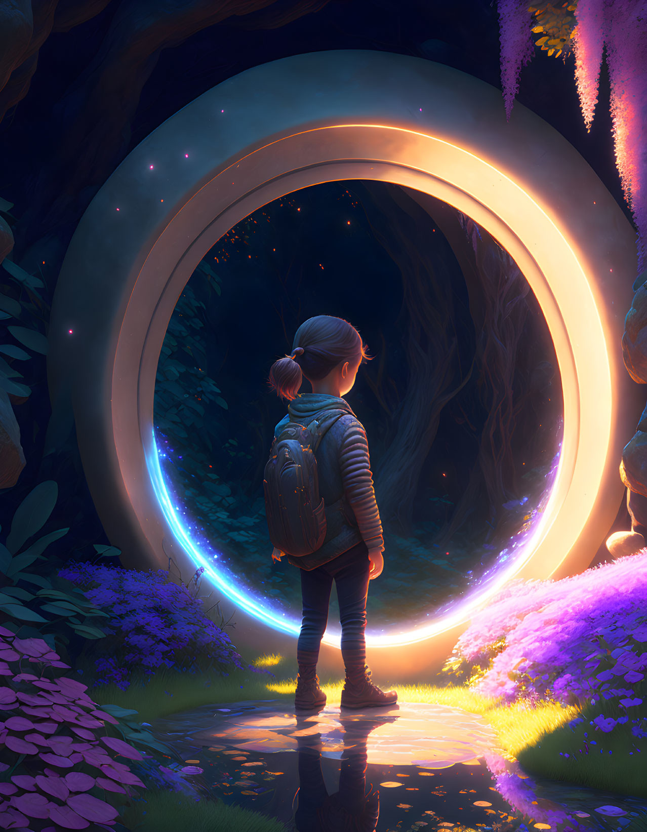 Child with backpack in front of large circular portal in mystical forest at twilight