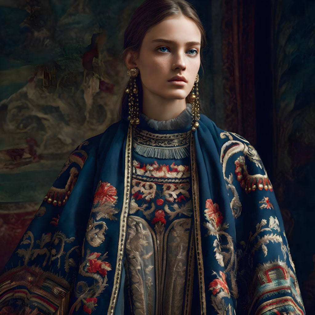 Historical dress with blue and gold embroidery next to classic painting