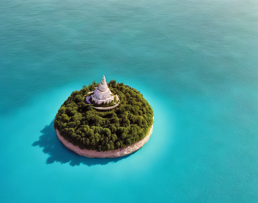 Small Island with Greenery & White Temple in Turquoise Waters