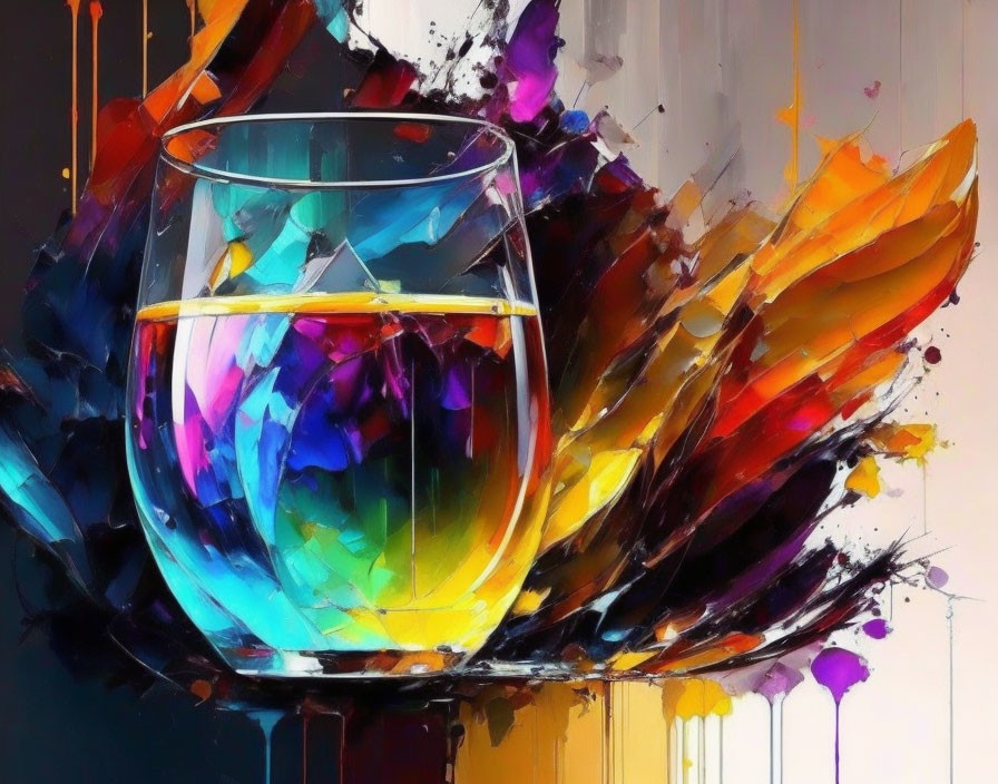 Colorful digital artwork: glass tumbler surrounded by dynamic abstract splashes