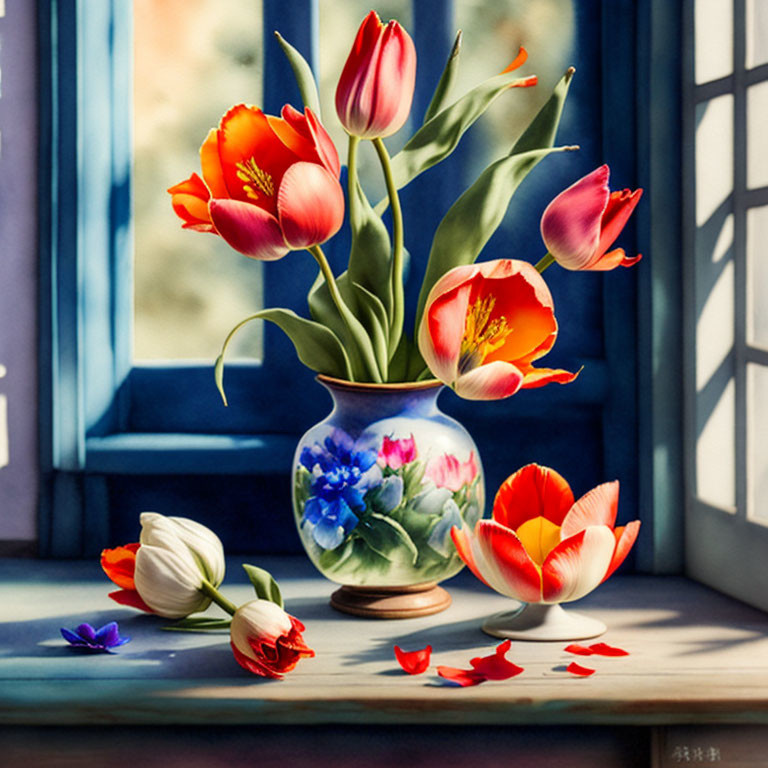Red tulip bouquet in old pott