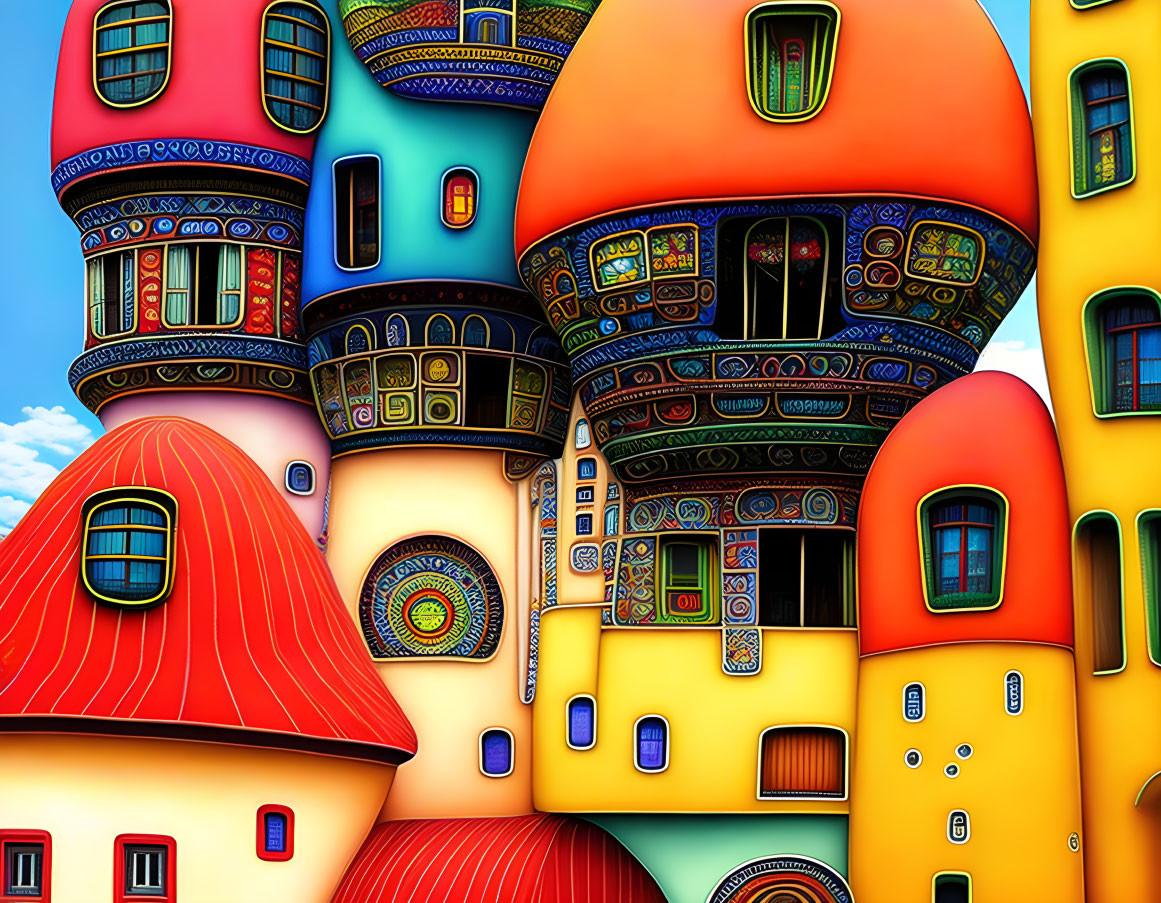 Vibrant, whimsical buildings with domed roofs and intricate patterns