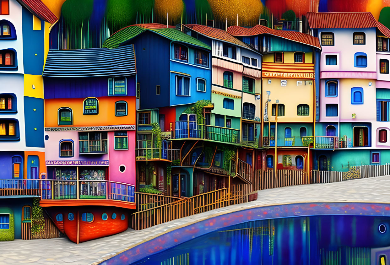 Colorful Stylized Village Reflecting in Blue Water