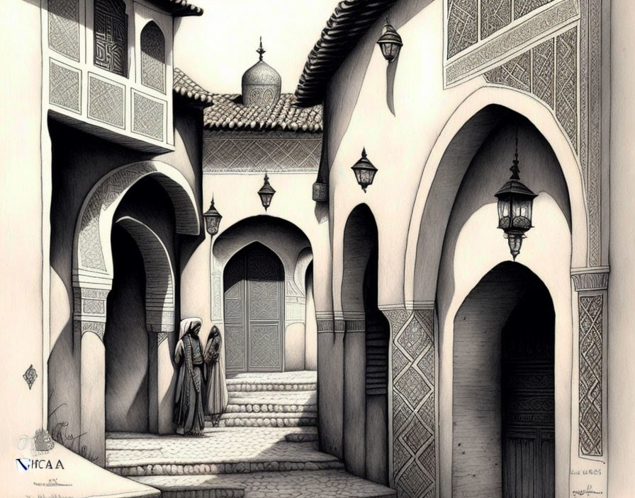 Traditional attired figures converse in Moroccan alley with arches and tiled designs.