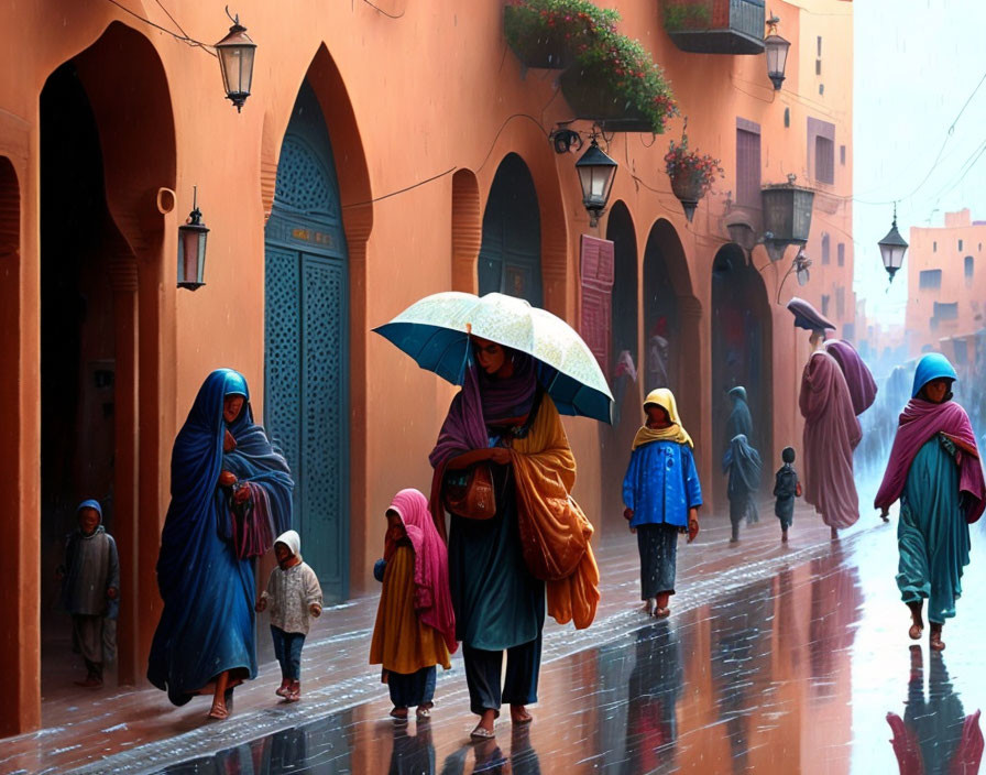 Traditional Moroccan setting with people walking on wet street in colorful cloaks on rainy day