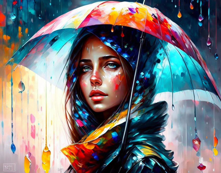 Woman with striking eyes holding colorful umbrella in vibrant rain scene