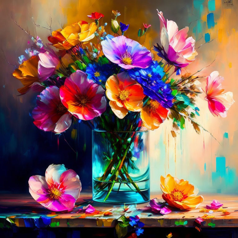 Colorful Flower Bouquet Painting with Scattered Petals
