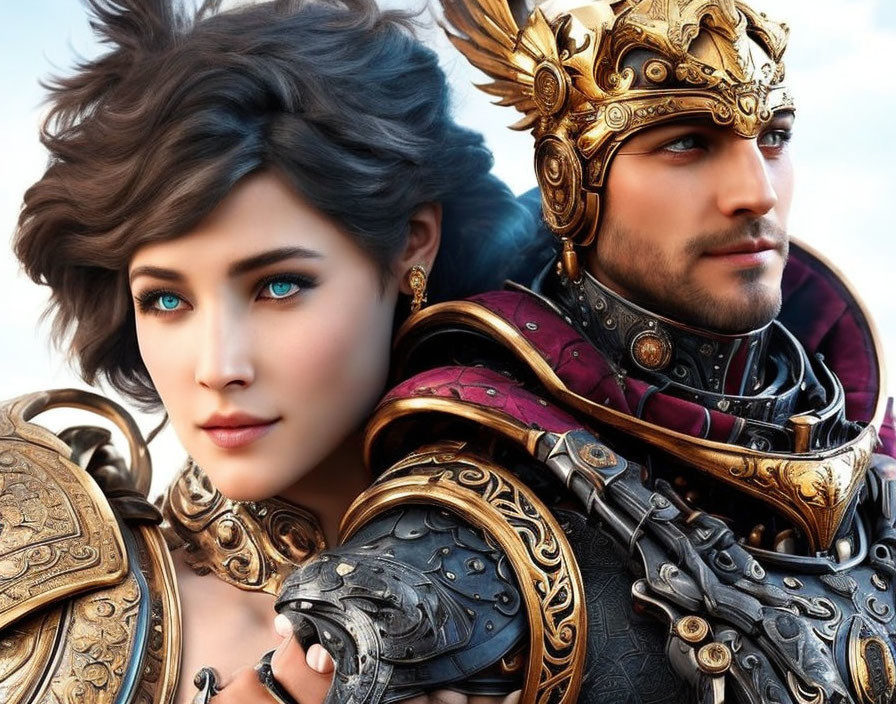 Fantasy digital artwork: Woman with blue eyes and man in golden helmet.