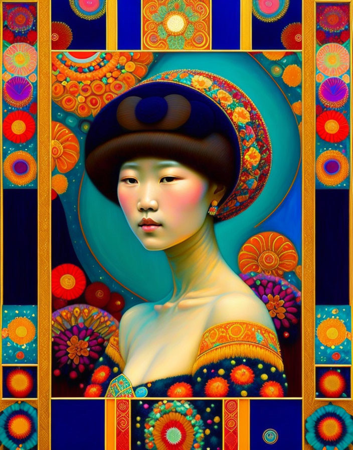 Colorful digital art portrait of individual with Asian features in ornate setting