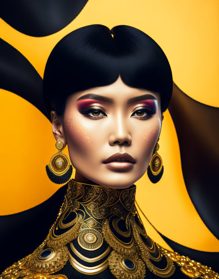 Vibrant digital portrait of woman with elaborate makeup and ornate attire