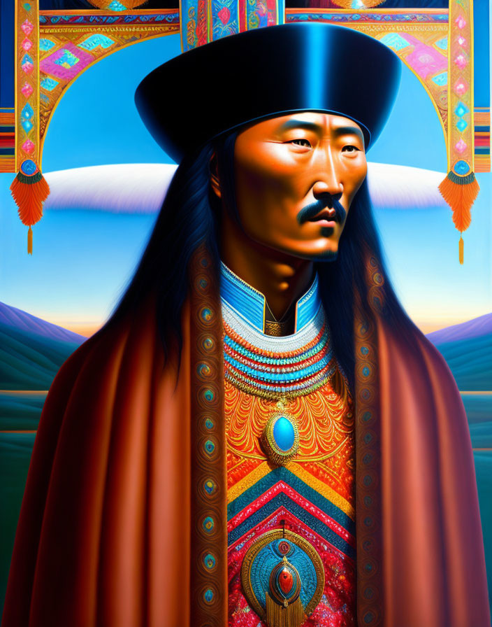 Digital portrait of man in Mongolian attire with majestic hat and serene landscape