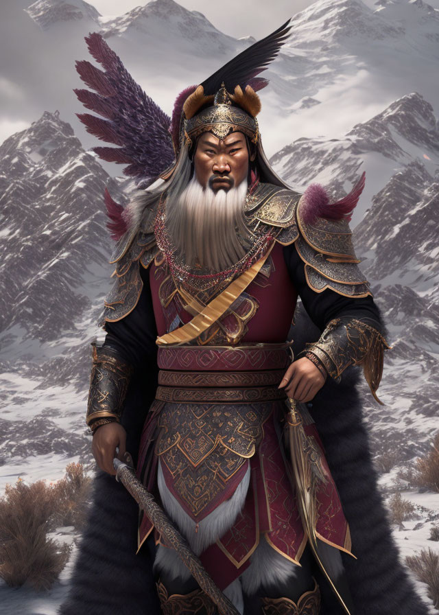 Majestic warrior in ornate armor with fur details against snowy mountains