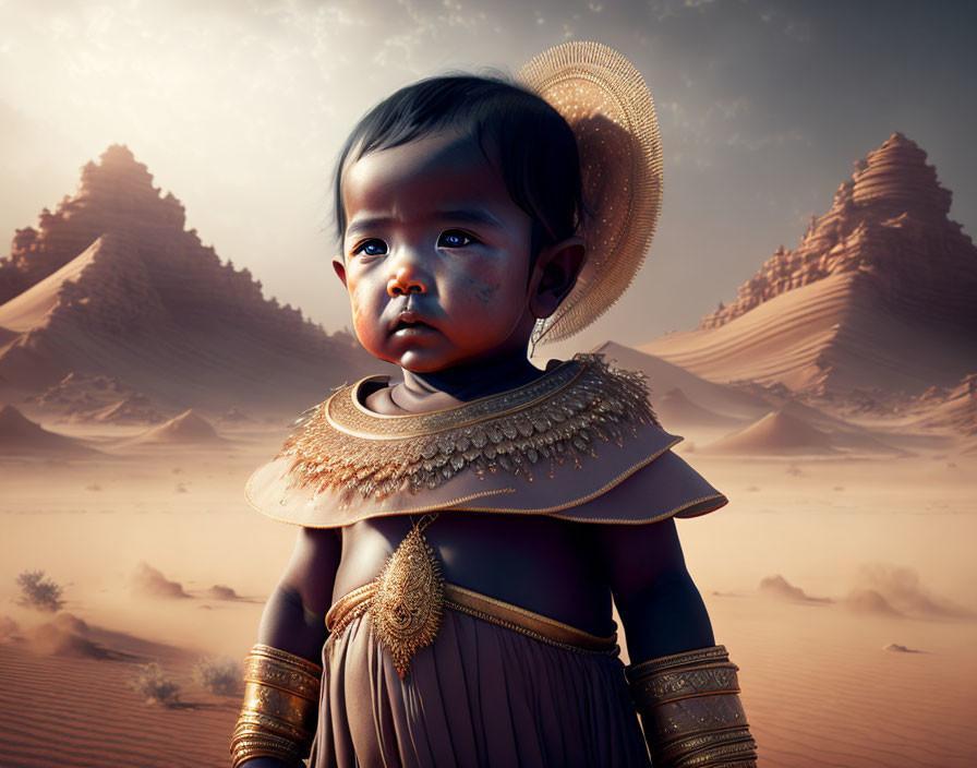 Child in ornate golden attire against desert backdrop