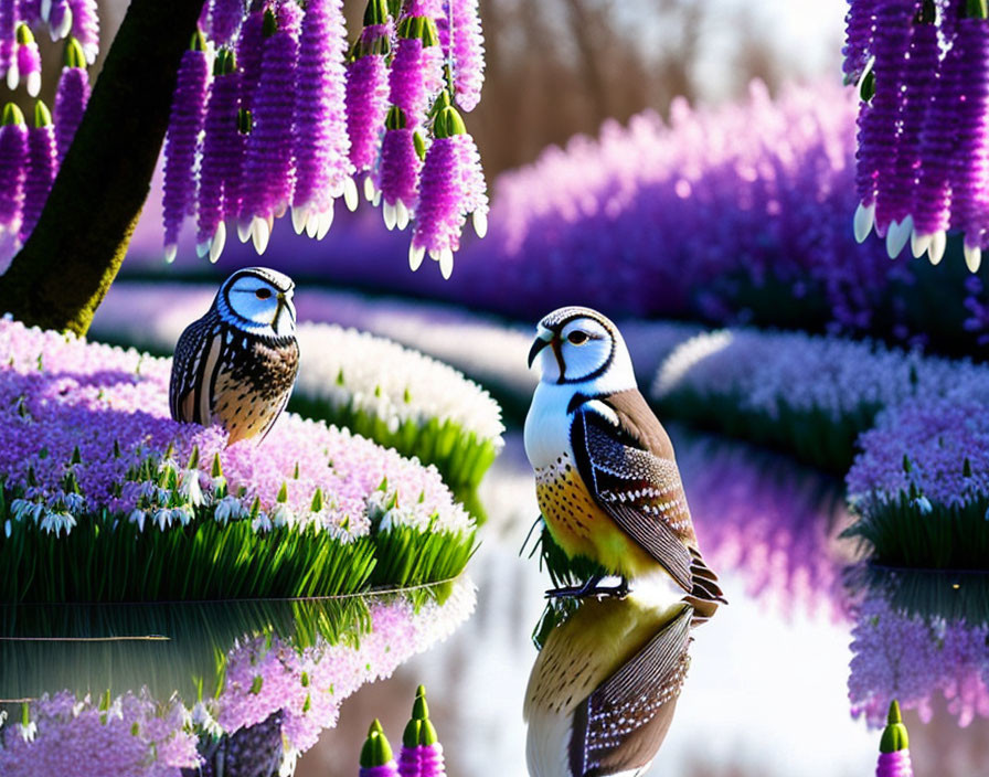 Illustrated owls in vibrant garden scene