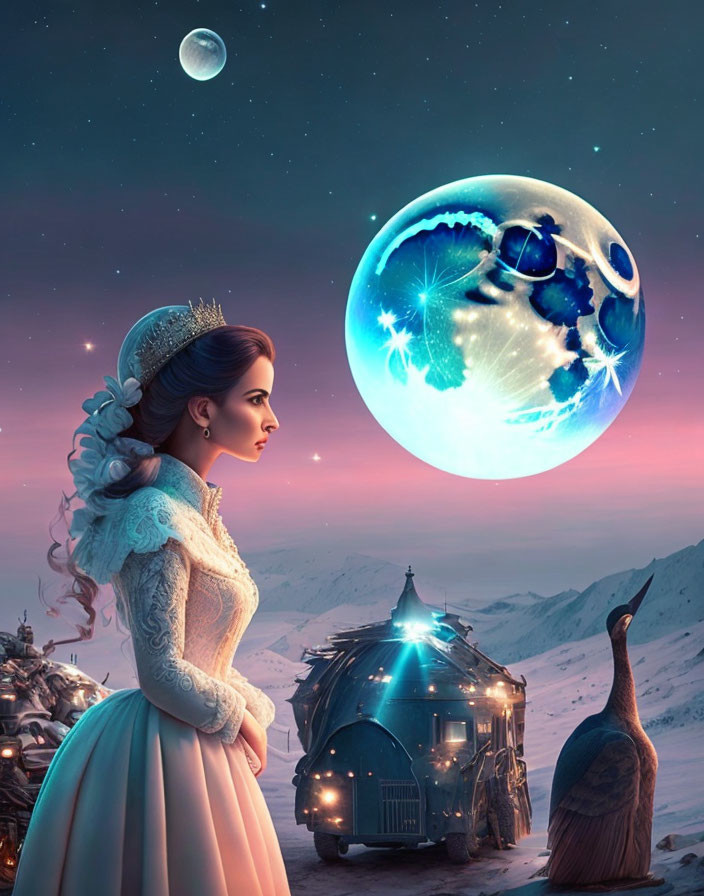 Vintage-dressed woman admires vivid moon with peacock and caravan in snowy twilight scene